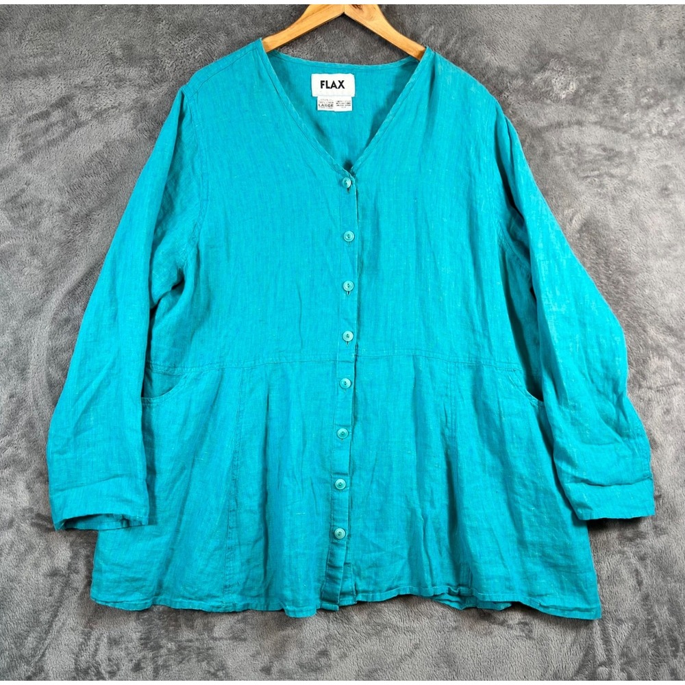 FLAX Linen Tunic Top Large Green Button Up Oversized Grandma Cottagecore